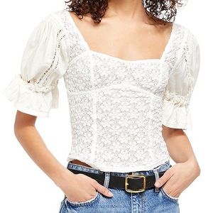 Free People Spring Fling Ivory Lace Puff Sleeve Top